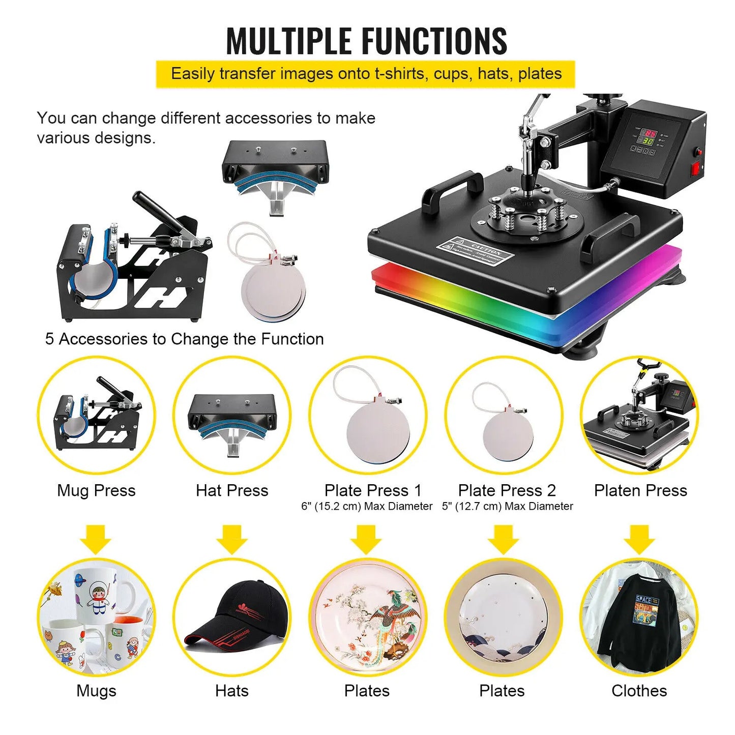 SucceBuy Combo Heat Press Machine 5/6/8 in 1 30*38CM 38*38CM Muntifunctional Sublimation Printer Transfer Mug Hat Plate T-Shirt