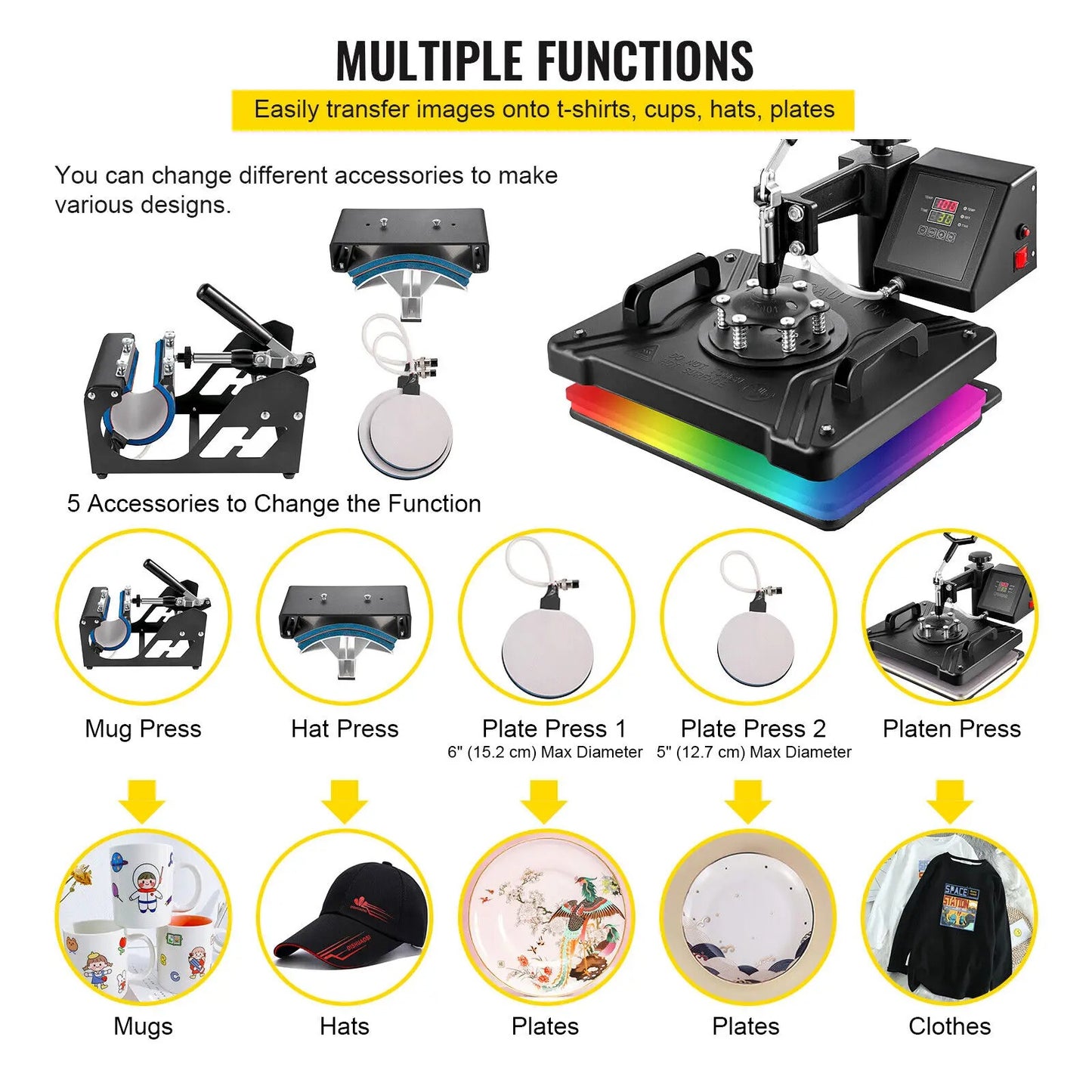 SucceBuy Combo Heat Press Machine 5/6/8 in 1 30*38CM 38*38CM Muntifunctional Sublimation Printer Transfer Mug Hat Plate T-Shirt